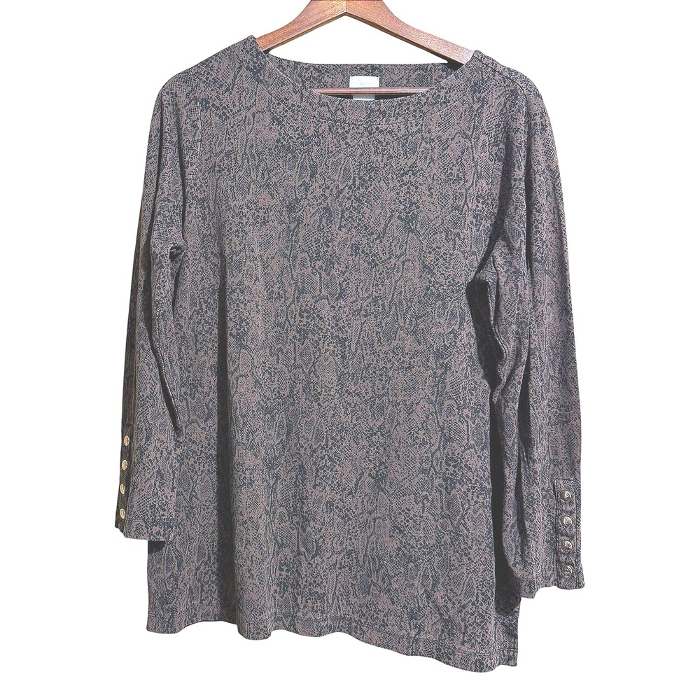 Chico's boatneck black and brown python snake‎ print w/ gold accent blouse Large
